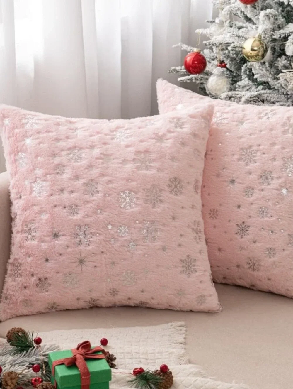 Pink Snowflake Faux Fur Throw Pillow - Set of 2. NWOT.